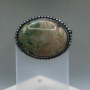 Vintage big stone unikite cabochon brooch-statement style silver oval.